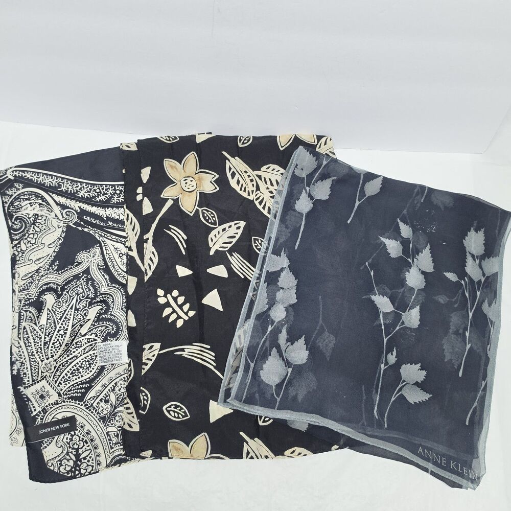 Vintage Designer Silk Scarf Bundle Of 3 Black White Gray Floral Paisley